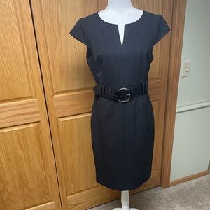 ANTONIO MELANI Black Notch-Neck Sheath Pinstripe Dress with Belt